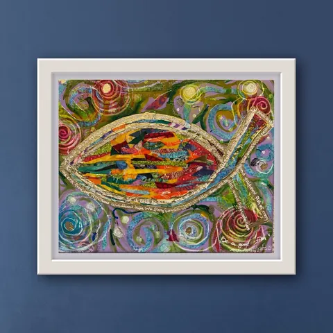 Sold original by Agata May'kowska — Colorful abstract painting of a fish with a textured outline, surrounded by swirling patterns and vibrant colors on a purple background, framed in white.