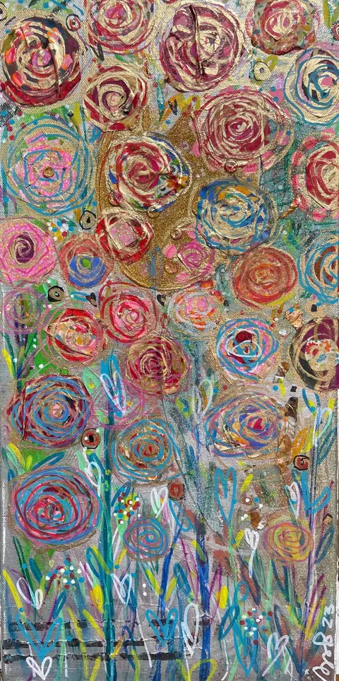 Sold original by Agata May'kowska — Colorful abstract painting of a flower garden with swirling roses in pink, red, blue, and gold, with vibrant leaves and small hearts, dots, and splashes of color…