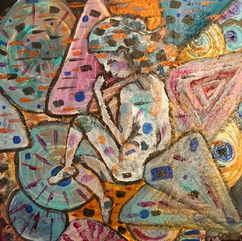 Sold original by Agata May'kowska — Colorful abstract painting of a nude woman surrounded by butterfly wings in various colors and patterns.