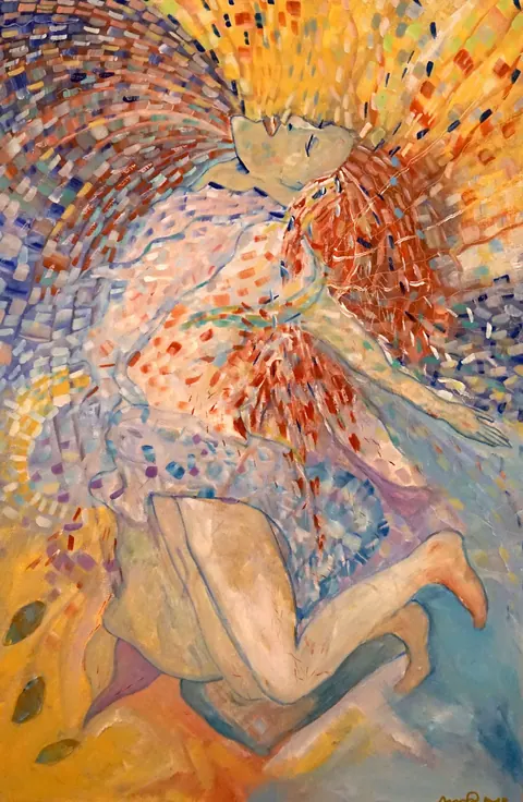 Sold original by Agata May'kowska — A colorful abstract painting of a person with long red hair, kneeling with closed eyes, wearing a light-colored dress, surrounded by vibrant, swirling patterns of…