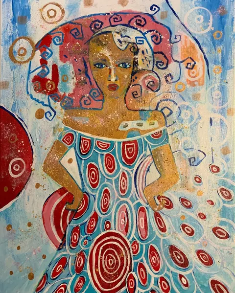 Sold original by Agata May'kowska — A colorful abstract painting of a woman with blue eyes, red lips, and long, curly hair. She wears a patterned off-shoulder dress with red, white, and blue designs. The…