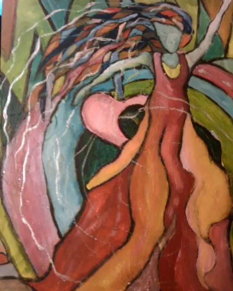 Sold original by Agata May'kowska — Colorful abstract painting of a woman with braided hair, set against a vibrant background with curved shapes and a pink heart.