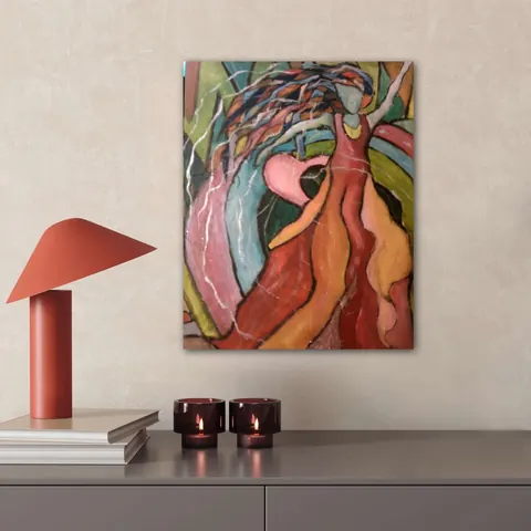 Sold original by Agata May'kowska — A colorful abstract painting of a woman with long hair on a wall, with a pink heart shape behind her. On a gray console below, there are two black candles and a wooden…