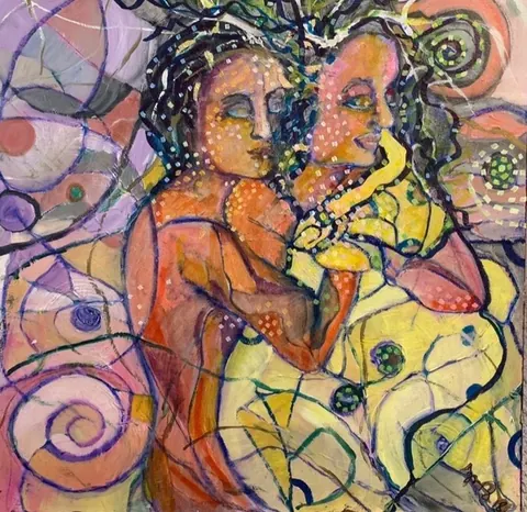 Sold original by Agata May'kowska — Colorful abstract painting of two women with long, wavy hair, close together, surrounded by swirling patterns and dots.