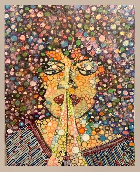 Sold original by Agata May'kowska — A colorful abstract portrait of a woman with closed eyes, with her hands pressed together in a prayer gesture, created with variously sized dots and circles in a…