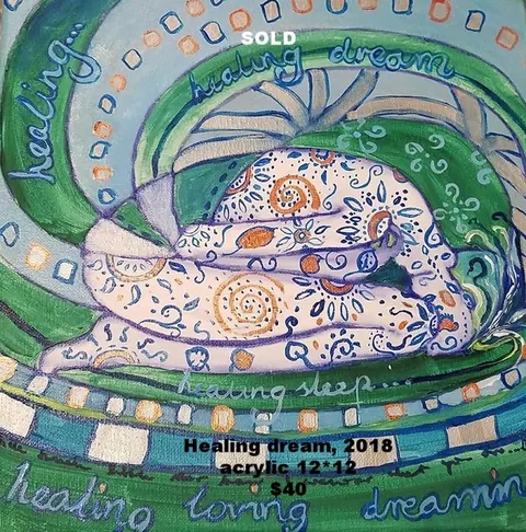 Sold original by Agata May'kowska — A colorful acrylic painting of a hand holding a sleeping person, surrounded by swirling patterns and words like 'healing,' 'dream,' 'loving,' with a 'SOLD' label at the…