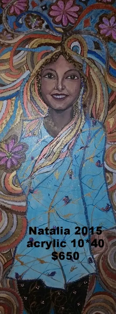 Sold original by Agata May'kowska — A colorful acrylic painting of a smiling woman with long, flowing hair surrounded by swirling patterns and flowers. The artwork includes text with details about the…