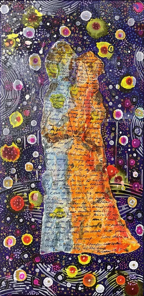 Sold original by Agata May'kowska — A colorful artistic collage features two cats embracing, with handwritten text overlaying their figures, set against a vibrant, starry background with swirling patterns…