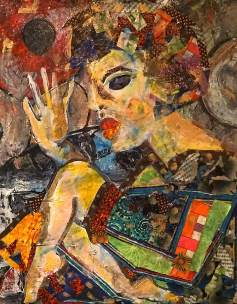 Sold original by Agata May'kowska — A colorful collage-style portrait of a woman with short hair, holding a phone near her face, and surrounded by abstract patterns and textures.