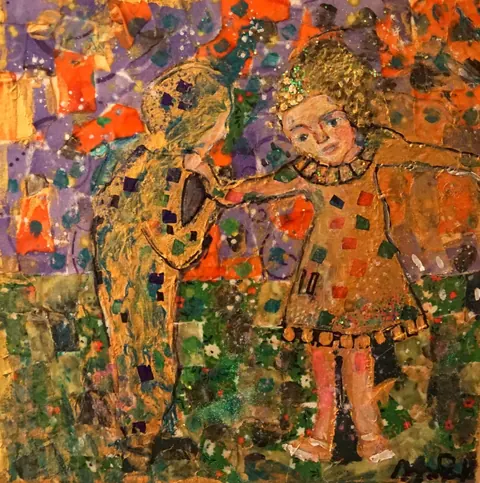 Sold original by Agata May'kowska — A colorful mosaic artwork depicting a girl and a woman, with the girl holding a yellow cat, surrounded by abstract shapes and patterns in vibrant colors.