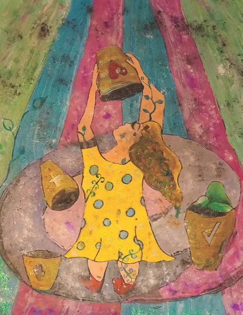 Sold original by Agata May'kowska — A colorful painting of a woman sitting at a table, pouring a drink from a pot. She is wearing a yellow dress with polka dots and has long, curly hair. The background…