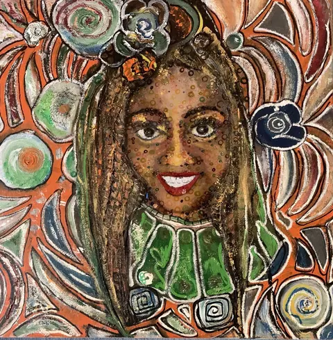Sold original by Agata May'kowska — Colorful painting of a woman with long hair, wearing a green and white top, surrounded by abstract swirls and floral patterns.