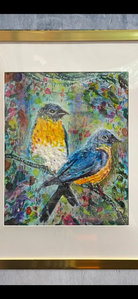 Sold original by Agata May'kowska — Colorful painting of two birds perched on a branch in a vibrant, abstract background with flowers and foliage.