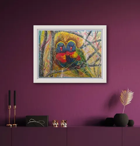 Sold original by Agata May'kowska — Colorful painting of two lovebirds perched on a branch, hanging on a purple wall in a modern interior.