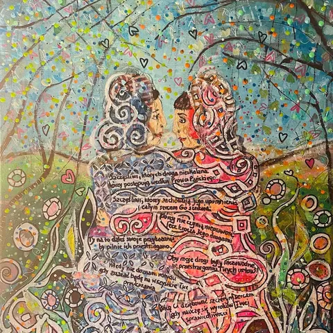 Sold original by Agata May'kowska — Colorful painting of two women facing each other in a nature setting with trees and leaves. The image contains handwritten text in Polish overlayed on the women.