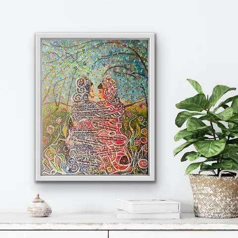 Sold original by Agata May'kowska — Colorful painting of two women sitting outdoors under a tree with many small hearts and colorful dots, with text in a language similar to Polish.