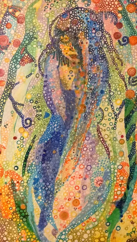Sold original by Agata May'kowska — Colorful pointillist-style artwork depicting a woman with long black hair, closed eyes, and a serene expression, surrounded by abstract shapes and patterns.