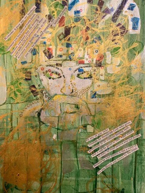 Sold original by Agata May'kowska — A colorful portrait of a woman with gold, blue, red, black, and white accents, surrounded by green and gold textured background with torn paper quotes about wisdom and…