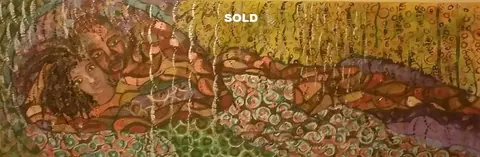 Sold original by Agata May'kowska — Colorful tapestry depicting a couple lying down together, with the word 'SOLD' written at the top.