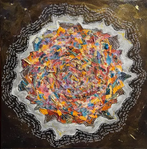 Sold original by Agata May'kowska — Colorful textured circular collage with intricate fabric pieces surrounded by handwritten text on a dark background.