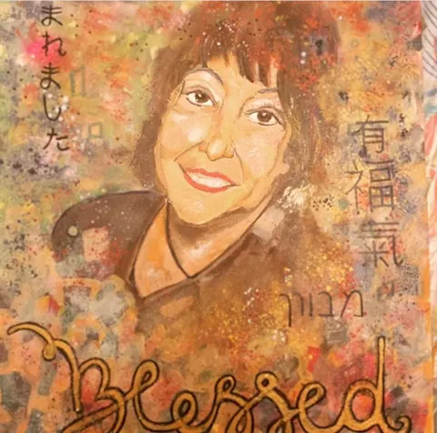 Sold original by Agata May'kowska — A colorful watercolor portrait of a smiling woman with short dark hair. The background includes Japanese characters and colorful abstract splashes. The word "Blessed" is…