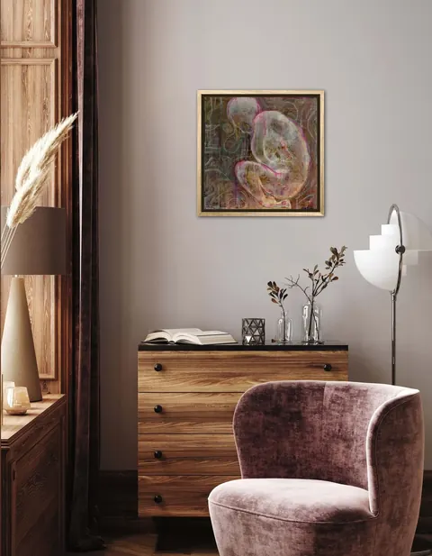 Sold original by Agata May'kowska — A cozy interior corner with a pink velvet armchair, a wooden dresser with a book and glass vases with plants, a modern floor lamp, a wall painting of abstract shapes…