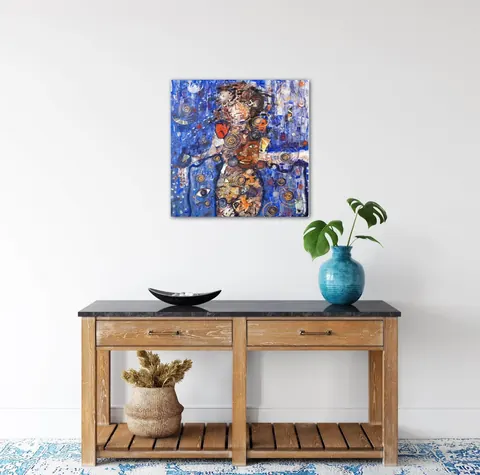 Sold original by Agata May'kowska — Decorative side table with a black top, a blue vase with green monstera leaves, a black bowl, and a woven basket with dried plants, against a white wall with a colorful…