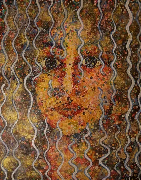 Sold original by Agata May'kowska — A detailed, pointillist style portrait of a woman's face, with prominent eyes, nose, and lips, overlaid with vertical wavy silver lines and colorful dots creating a…