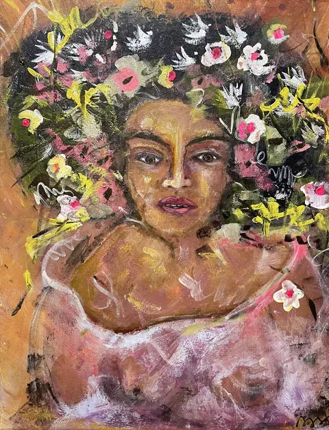 Sold original by Agata May'kowska — An expressive portrait painting of a woman with dark, curly hair adorned with a crown of flowers. The background is a warm earthy tone, and the painting features visible…