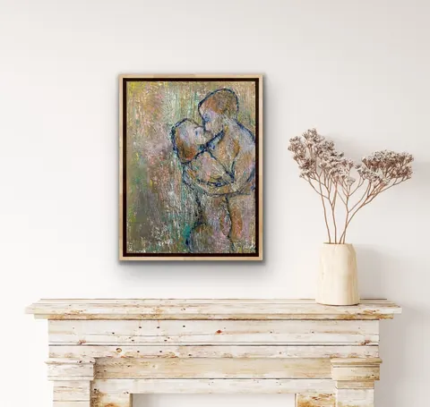Sold original by Agata May'kowska — A framed colorful abstract painting of two people kissing hangs above a white distressed wooden mantelpiece, with a beige vase holding dried flowers on the right side.