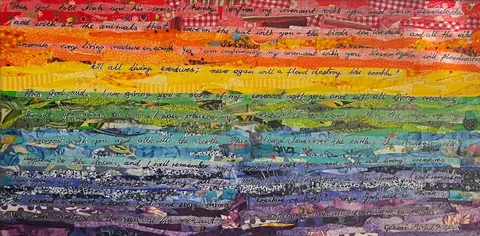 Sold original by Agata May'kowska — Handmade colorful collage of torn fabric pieces arranged in rainbow order, with handwritten religious text overlaying the fabric strips.