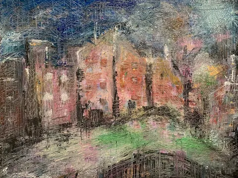 Sold original by Agata May'kowska — An impressionistic painting of a cityscape with buildings, trees, a bridge over a river, and a colorful sky.