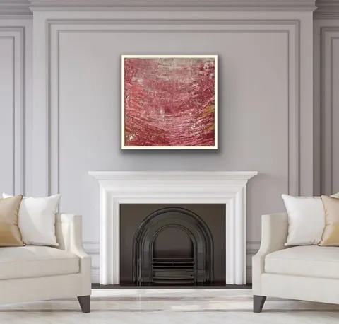 Sold original by Agata May'kowska — Living room with a grey wall, white fireplace, abstract red and gold painting above, and two white sofas with beige and white pillows.