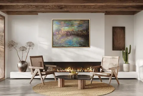 Sold original by Agata May'kowska — Living room with a modern fireplace, two wooden chairs, a round wooden coffee table, abstract landscape painting on the wall, potted plants, and a woven rug.
