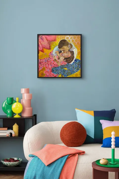 Sold original by Agata May'kowska — Living room with blue wall, colorful abstract pillows, white sofa with orange and blue blankets, decorative vases on black shelf, and a framed vibrant artwork of a…