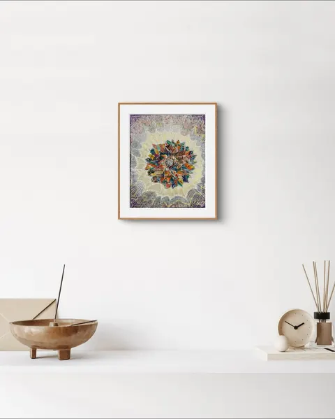 Sold original by Agata May'kowska — Minimalist white wall with framed colorful artwork and decorative items on white shelf, including a bronze bowl, clock, and reed diffuser.