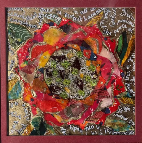 Sold original by Agata May'kowska — Mixed media art piece featuring a vibrant collage of colorful fabric pieces arranged in a flower shape, with handwritten white text encircling the edges on a gold and…