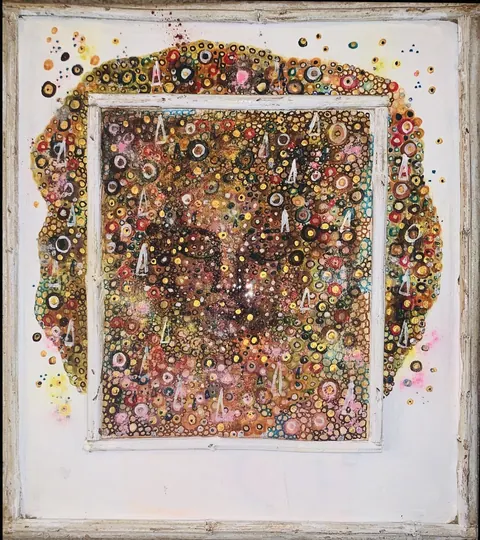 Sold original by Agata May'kowska — Mixed media artwork featuring a person with closed eyes, surrounded by colorful circles and patterns, framed within a white border.