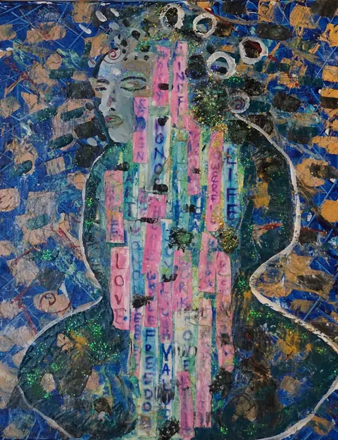 Sold original by Agata May'kowska — A mixed-media artwork featuring a woman's portrait with abstract elements including painted words and sparkle accents. The woman’s face is perceived on the left, with…
