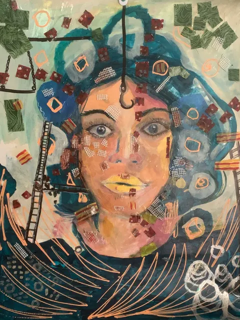 Sold original by Agata May'kowska — A mixed media artwork featuring a woman with expressive eyes and lips, surrounded by abstract shapes, patterns, and colorful elements.