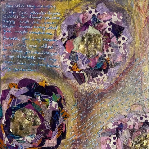 Sold original by Agata May'kowska — Mixed media artwork featuring handwritten text in blue ink, and collage elements including torn fabric and textured gold foil. The collage depicts two abstract…