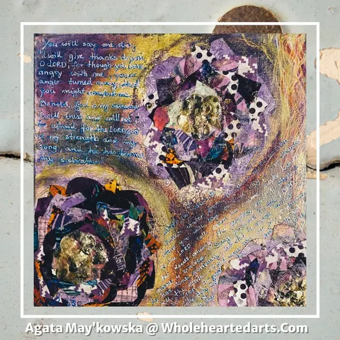 Sold original by Agata May'kowska — Mixed media collage artwork featuring three decorated eggs with gold foil details, surrounded by handwritten text on a textured background with purple, black, orange…