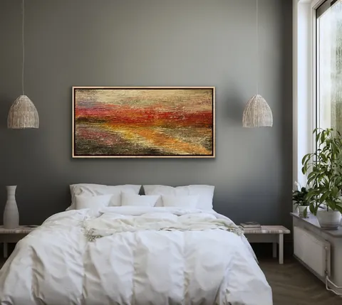 Sold original by Agata May'kowska — A modern bedroom with a gray wall, featuring a framed abstract painting above a bed with white bedding and multiple pillows. There are hanging white wicker pendant…