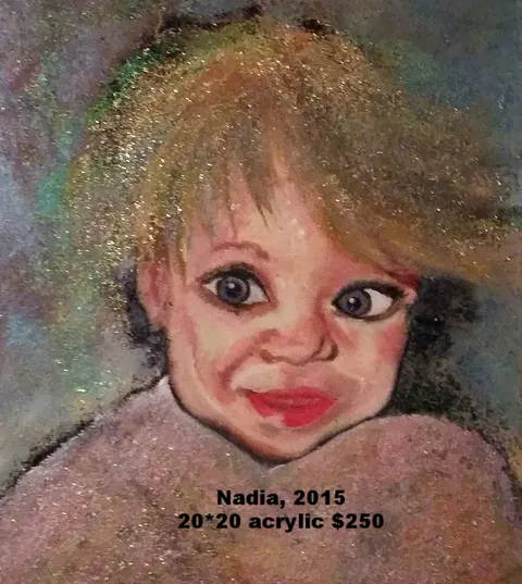 Sold original by Agata May'kowska — A painted portrait of a young girl with large eyes and red lips, signed Nadia, 2015, with details about the artwork's size and price written at the bottom.