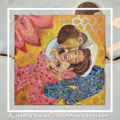 Sold original by Agata May'kowska — Painting of a joyful couple hugging, with the woman wearing a pink patterned dress and the man in a white shirt. The background has abstract honeycomb and floral…