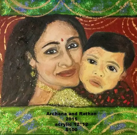 Sold original by Agata May'kowska — Painting of a woman and a young boy with decorative green, red, and gold background, featuring glitter and swirls, with black text listing names and details at the…
