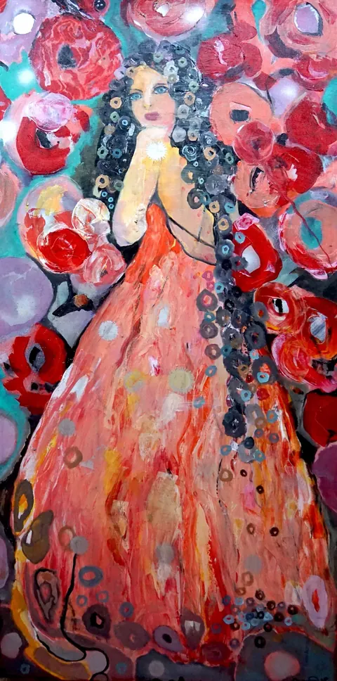 Sold original by Agata May'kowska — A painting of a woman with long, dark, curly hair and blue eyes, wearing a flowing red-orange gown, surrounded by large abstract flowers in red, pink, purple, and teal.