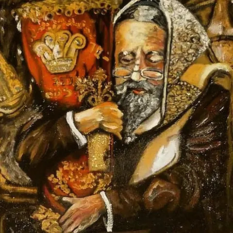 Sold original by Agata May'kowska — Painting of an older man with gray beard and glasses, wearing a headscarf, holding a scepter with a crown top and holding a sword, dressed in regal attire, with…
