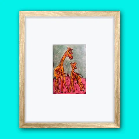 Sold original by Agata May'kowska — Painting of three giraffes on a pink and polka-dotted ground with a blue sky background.