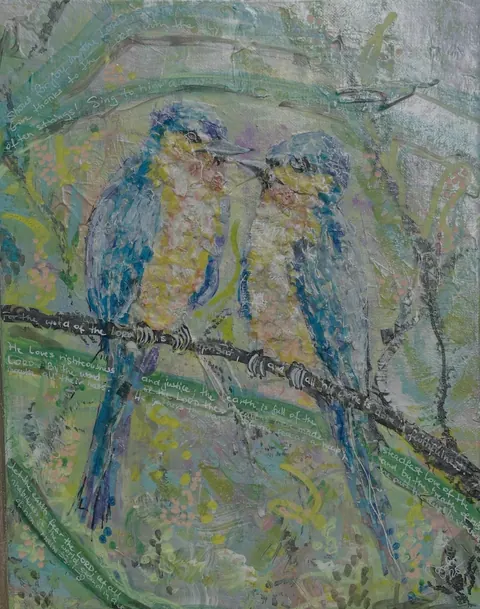 Sold original by Agata May'kowska — Painting of two colorful birds perched on a branch with a background of green and pastel colors, and handwritten text around them.